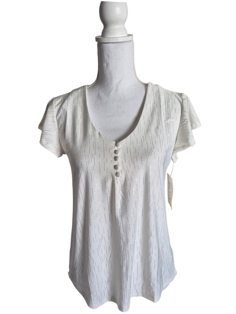 Light Cream V-Neck Flutter Sleeve Blouse with Button Detail - Picture 3 of 9
